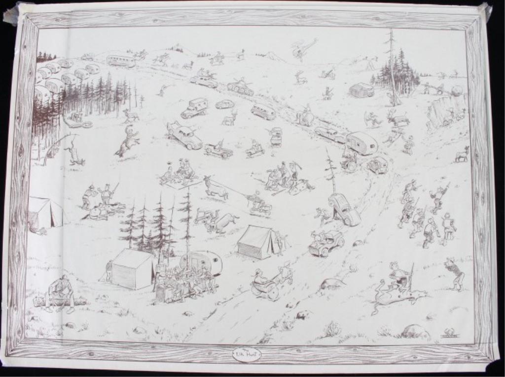 Lindgren-Turner The Elk Hunt Map Poster 1965: Presented is a rare vintage LINDGREN-TURNER, "The Elk Hunt", poster 1955. Similar to the cartoon Hysterical Maps of the 40s and 50s, shows all kinds of hunting hijinks including a helicopter, crazed h