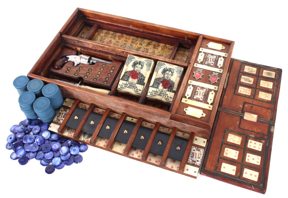 C. 1860's Gambler's Colt & Stiletto Traveling Case: This is an excellent and rare Gambler’s traveling case with original Colt pistol and Stiletto Gamblers Boot Dagger Knife, a nice circa 1860’s collection. The travelling case feature a wonderfully