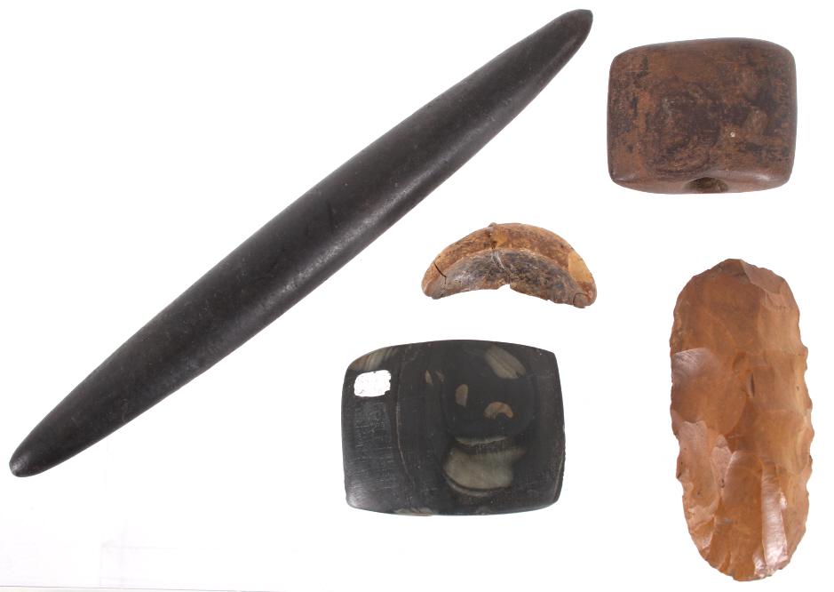 Paleolithic & Pre Columbian Artifacts: Presented in this lot is one Paleolithic Somme River Valley, France stone hand scraper artifact and four (4) pre-Columbian stone artifacts. The Pre Columbian items include two stone axe heads, 2.5"L x