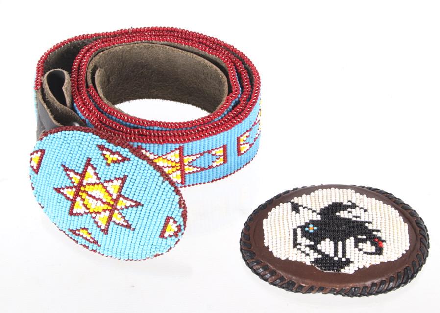 Lakota Sioux Trade Seed Beaded Belt & Buckle: Featured in this lot is this Lakota Sioux trade seed beaded belt and buckle. The belt shows a fully beaded buckle and partially beaded belt that is beautifully decorated with trade seed beads with col