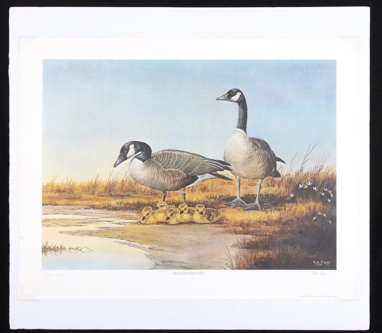 Bob Elgas (1920-2010) Responsibilities Lithograph: Featured in this lot is this lithograph called "Responsibilities," by Montana artist Bob Elgas born 1920 and died in 2010 and circa 1980. The lithograph is of a pair of geese with little chicks while 