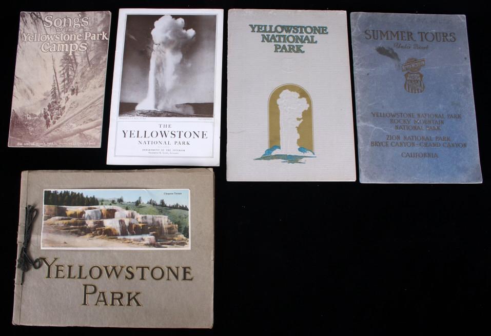 Yellowstone National Park Ephemera c. 1915-1928: Included in this lot is a collection of vintage Yellowstone National Park ephemera including a Northern Pacific Railroad gold gilt embossed brochure, "Yellowstone Park", c. 1915; a Union Pacific Syste