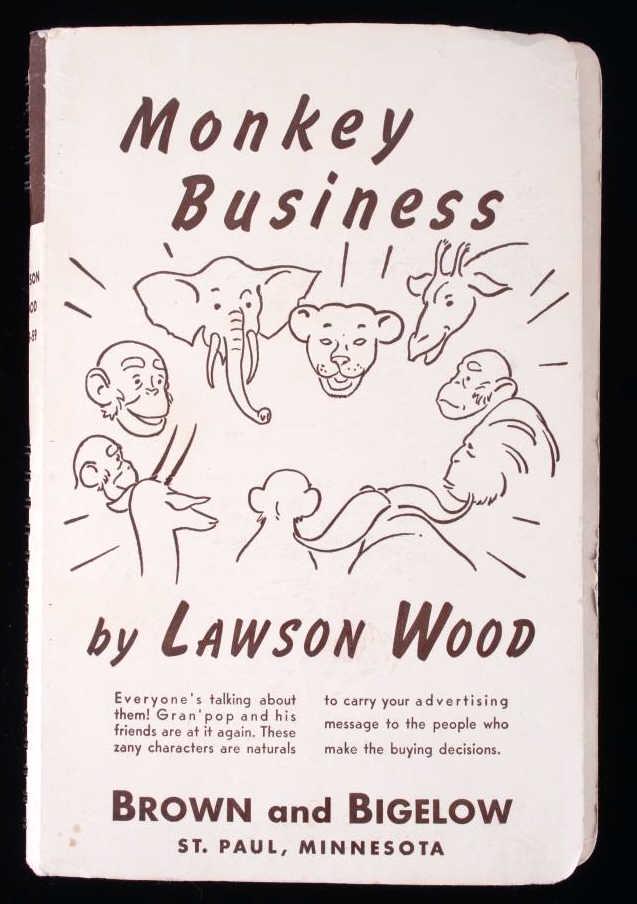 Advertising Ephemera, "Monkey Business": This lot features a direct mail advertising booklet from the publishing company, Brown & Bigelow, titled "Lawson Wood's Monkey Business" and dated 1958-59, as seen on the spiral booklet spine. Lawson 