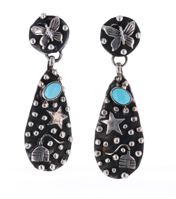 Amazing Navajo Pictorial Silver Turquoise Earrings (1 of 5)