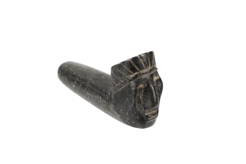 19th C. Cherokee Portrait Steatite Pipe Bowl: Featured in this lot is this Cherokee portrait steatite pipe bowl circa 19th century. The pipe bowl features a wonderfully and professionally crafted steatite construction that features a delicately c
