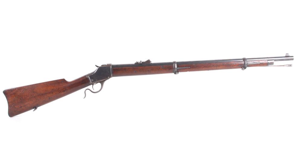 1885 Winchester High Wall .22 Long Rifle w/ Letter: 1885 HIGH WALL .22 LONG RIFLE TWO BAND FIRST MODEL MUSKET WITH FACTORY LETTER, #101XXX, SHIPPED 1911. The first model musket had two barrel bands and is considered more desirable than the second model