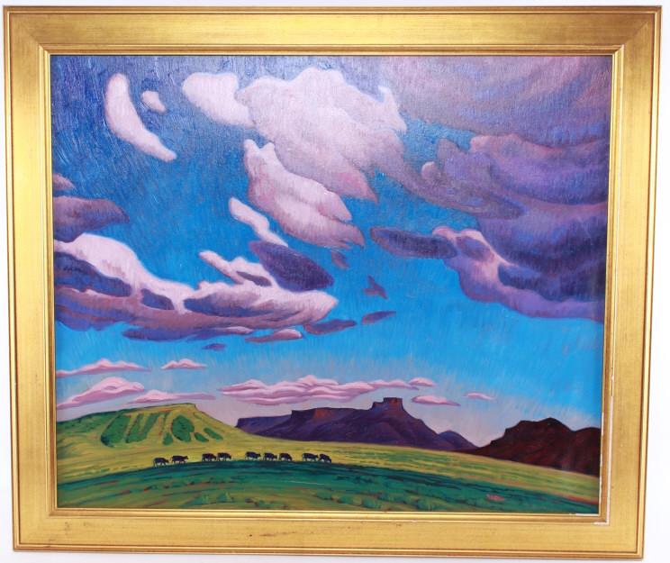 Rick Young Oil on Canvas, "Under The Western Sky": For your consideration is an Original Signed Rick Young Oil on Canvas, "Under The Western Sky". Capturing the quiet beauty of the rural Southwest, Young, a longtime Coloradoan, has been drawn to the c