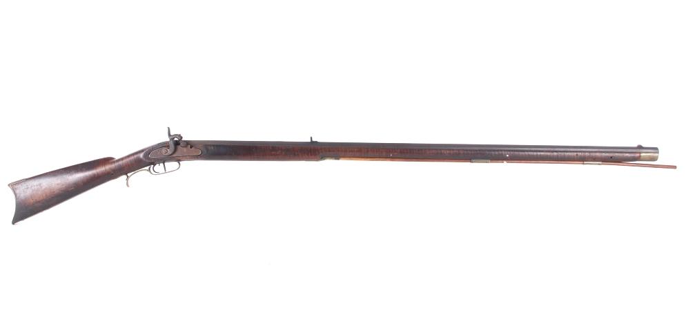G. GOULCHER Black Powder Percussion .48 Cal Rifle: Featured in this lot we have a G. GOULCHER signed black powder percussion cap american rifle chambered in .48 cal. This is a circa 1840's percussion rifle features a 43 1/2" long octagonal barrel, cur