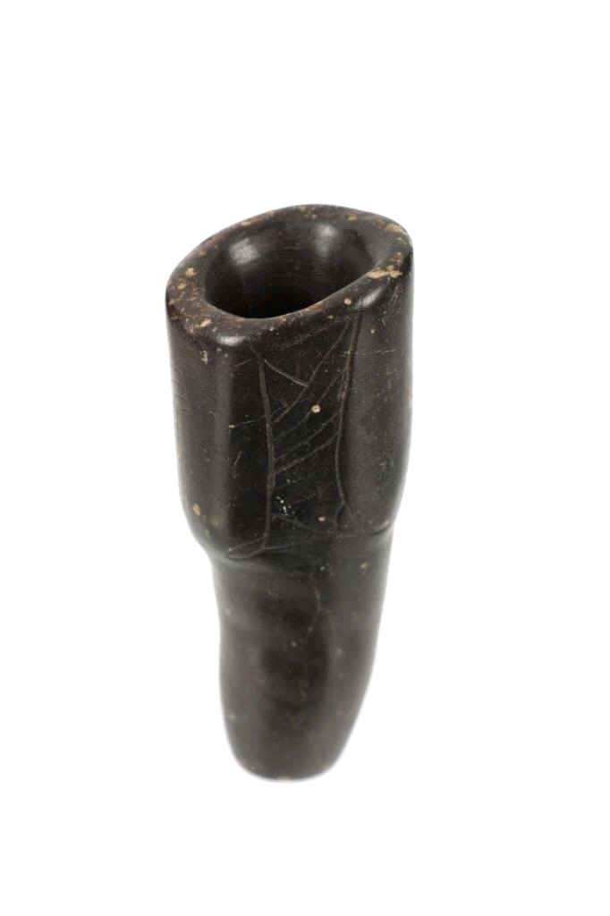 Antique Chumash Tribal Carved Steatite Tube Pipe: Featured in this lot is this Antique Chumash Tribal carved steatite tube pipe. The pipe features a wonderfully and professionally crafted steatite construction that features a expanded bowl that shows
