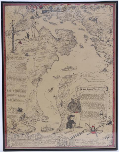 Lake Pend Oreille Pictorial Map 1956 by M. McLean: Featured in this lot is an in depth pictorial map of Lake Pend Oreille in Bonner and Kootenai Co., Idaho, USA. Drawn and compiled by Marie McLean in 1956 and published by the McLean Studio, Glengary B