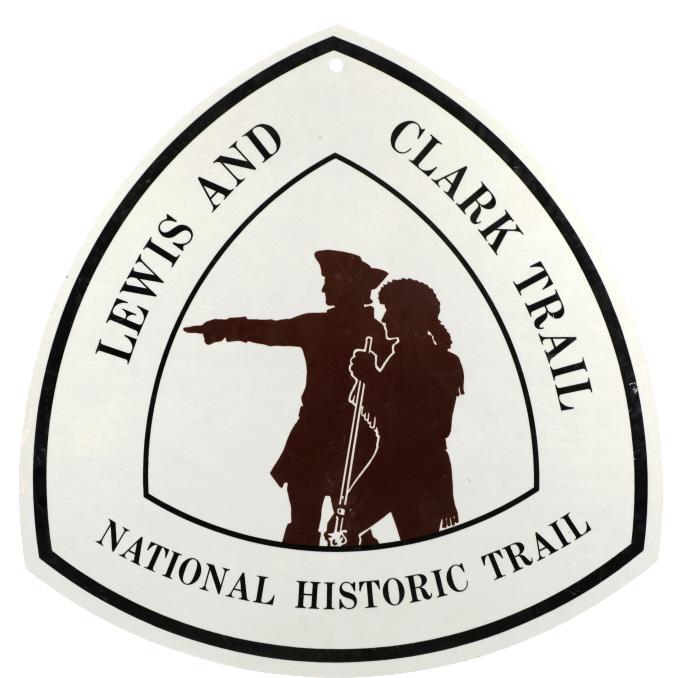 Lewis and Clark National Historic Trail Sign: Featured in this lot is a reflective Lewis and Clark National Historic Trail sign. The national historic trail traces the Lewis & Clark Expedition through 16 states and over 4,900 miles. Their nearly 