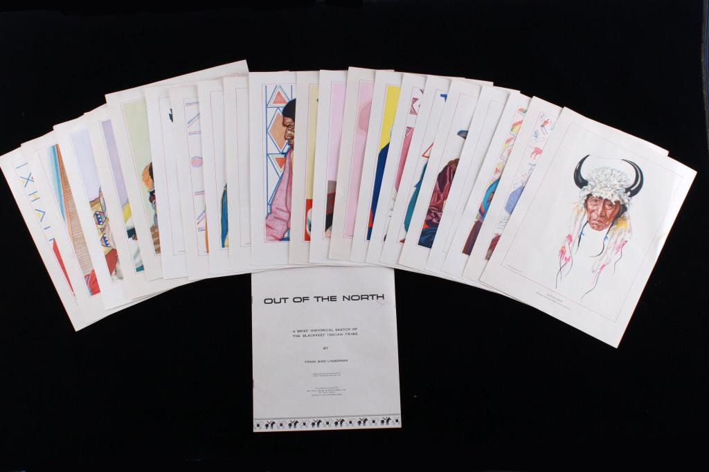 "Out of the North" by F. B. Linderman and W. Reiss: Featured in this lot is "Blackfeet Indians of Glacier National Park" prints by Winold Reiss, published by Great Northern Railway Company, St. Paul, Minnesota, with included pamphlet, "Out of the North