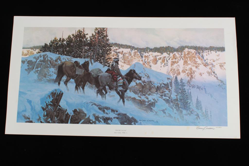 Gary Carter Limited Ed. Print "Roche Jaune": Featured in this lot is a limited edition print by renowned Montana artist Gary Carter titled "Roche Jaune". Gary Carter is a West Yellowstone, Montana artist. He is a part of the Cowboy Artist of Ame