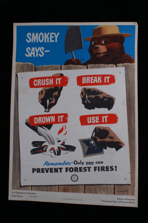 1949 U.S. Forest Service Wildfire Prevention Sign: Featured in this lot is an original 1949 U.S. Department of Agriculture Forest Service "Smokey Says" sign, printed by the U.S. Government Printing Office and designed by James Hansen. In the sign, it 