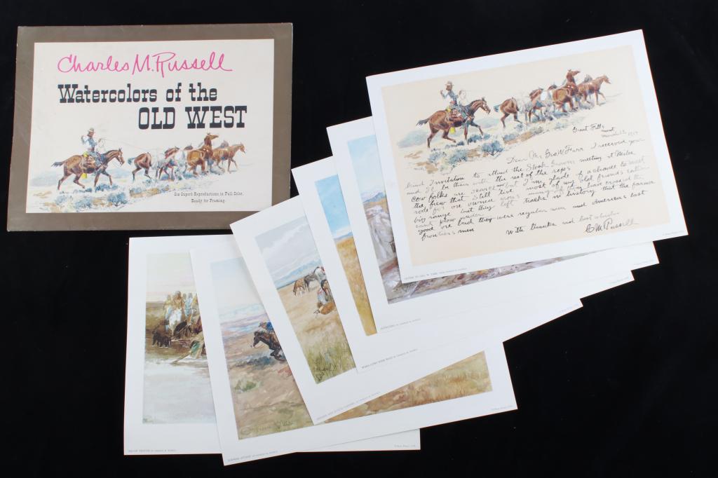Charles M. Russell Watercolors of the Old West: Featured in this lot are Charles M. Russell watercolors of the Old West, superb reproduction, full color art prints in a portfolio. Charles Marion Russell (March 19, 1864 – October 24, 1926), al