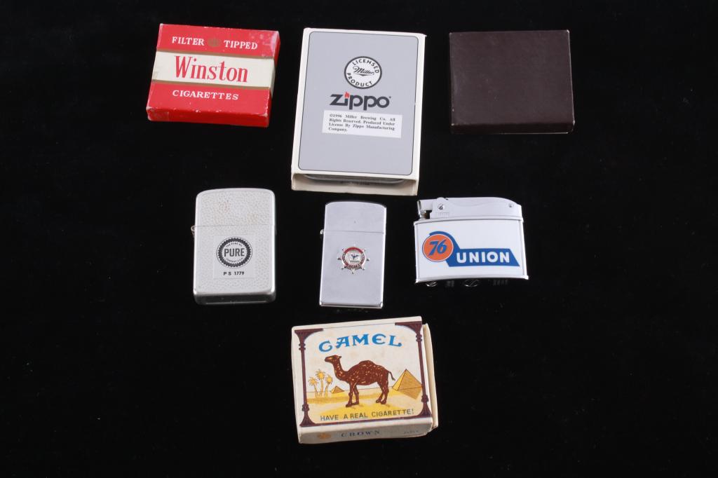 New Old Stock Lighter Collection c. 20th Century: Featured in this lot is this New Old Stock lighter collection circa 20th century. There are 7 total lighters in this collection. The first is a United States Lines lighter, the second is a Pure Oil li
