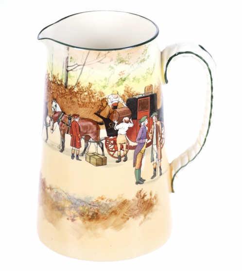 Royal Doulton Seriesware Jug "Coaching Days" 1905: Presented in this lot is a Vintage Royal Doulton "Coaching Days" Seriesware Rocket Jug, inscribed D2416, scene 7: Driver talking to passenger, attendants loading, circa 1905. One of Royal Doulton's mo
