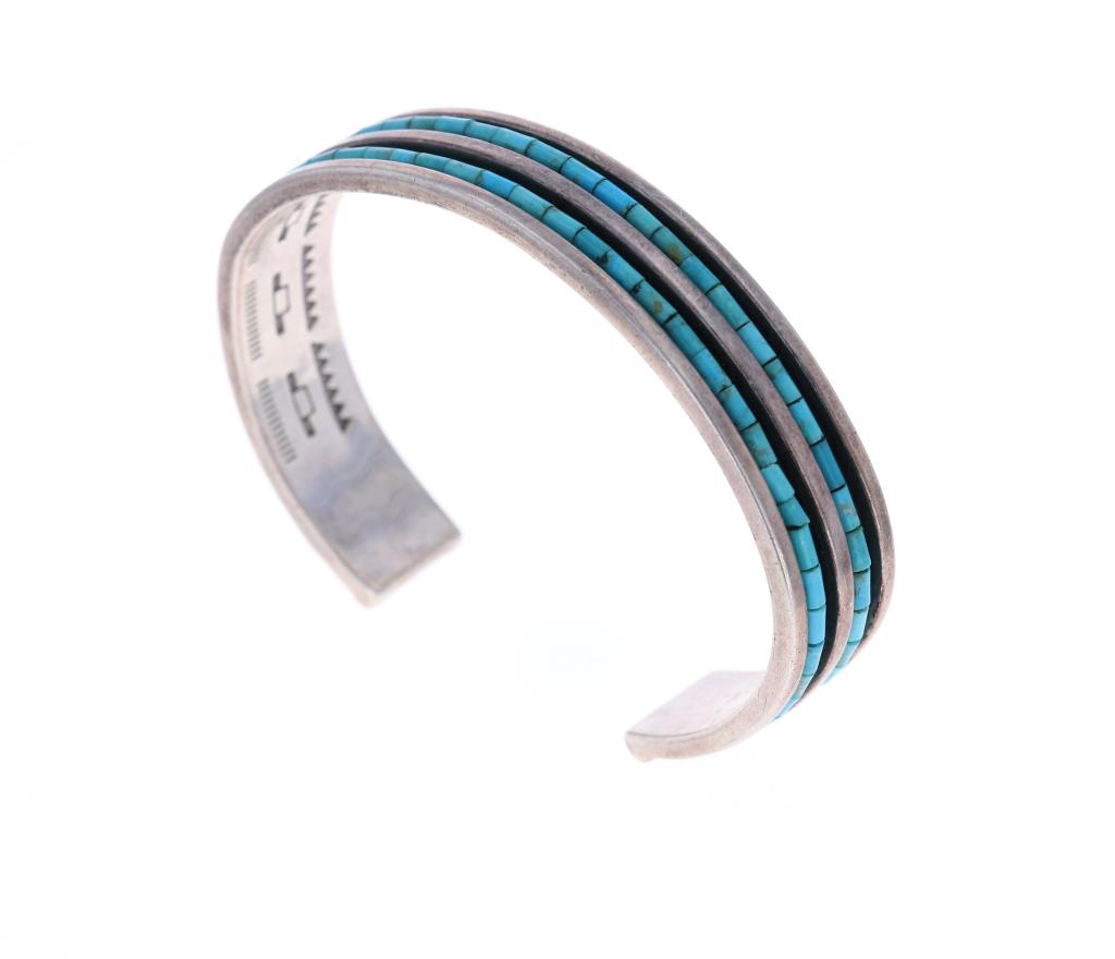 Navajo C. Joe Signed Turquoise Heishi Silver Cuff (1 of 8)