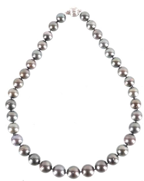 Excellent Tahitian Pearl & 14k White Gold Necklace: Featured in this lot is this scarce black Tahitian Pearl, diamond, and 14k white gold necklace with AIGL paperwork. The necklace features a professionally tested 14k white gold scalloped clasp with '5