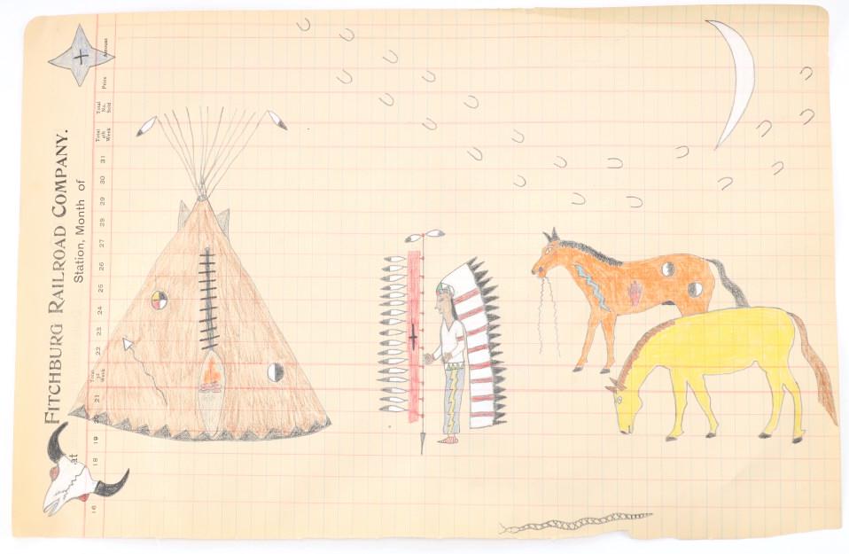 Old Fitchburg RR Page with Sioux Indian Ledger Art (1 of 12)