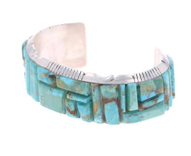 Steve Francisco (Navajo / Dine) Turquoise Bracelet: The lot features a fantastic Royston Turquoise stained glass pattern inlaid sterling silver bracelet from Navajo / Dine artist, Steve Francisco. The bracelet shows the SF STERLING and animal, bear