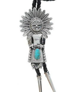 Alvin Joe (Navajo Dine) Kachina Sterling Bolo Tie: This is an original sterling silver kachina bolo tie set with Royston Turquoise from Navajo / Dine artist, Alvin Joe. The piece is signed / hallmarked AJ NAVAJO STERLING and shows a classic Kachina