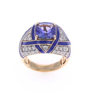 2.95ct Tanzanite Diamond Enamel 18k Gold Ring: Featured in this lot is this 2.95ct Tanzanite diamond enamel 18k yellow gold ring with GAL and GIA paperwork. The ring is wonderfully and professionally crafted 18k yellow gold construction that