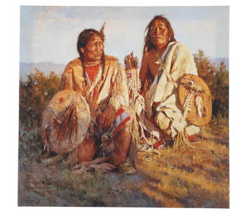 Howard Terpning "Medicine Shields of Blackfoot": Featured in this lot is a giclee canvas called "Medicine Shields of Blackfoot," from American artist Howard Terpning, who was born in 1927. The painting features a wonderfully and professionally craft