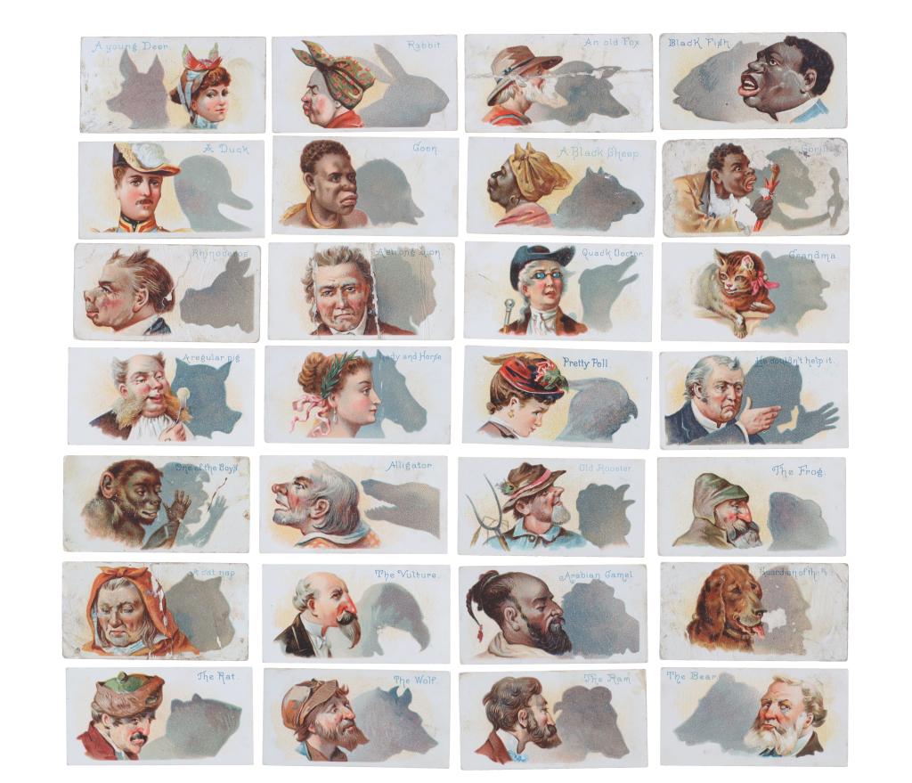 1889 Collection of Dukes Cigarettes "Shadows" Card: Featured in this lot is a collection of 28 Duke's Cigarettes "Shadows" collectors cards from 1889. Between 1875 and the 1940s, cigarette companies often included collectible trading cards with their p