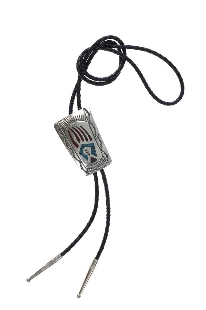 Vintage Navajo Silver Chip Inlaid Bolo Tie (1 of 4)