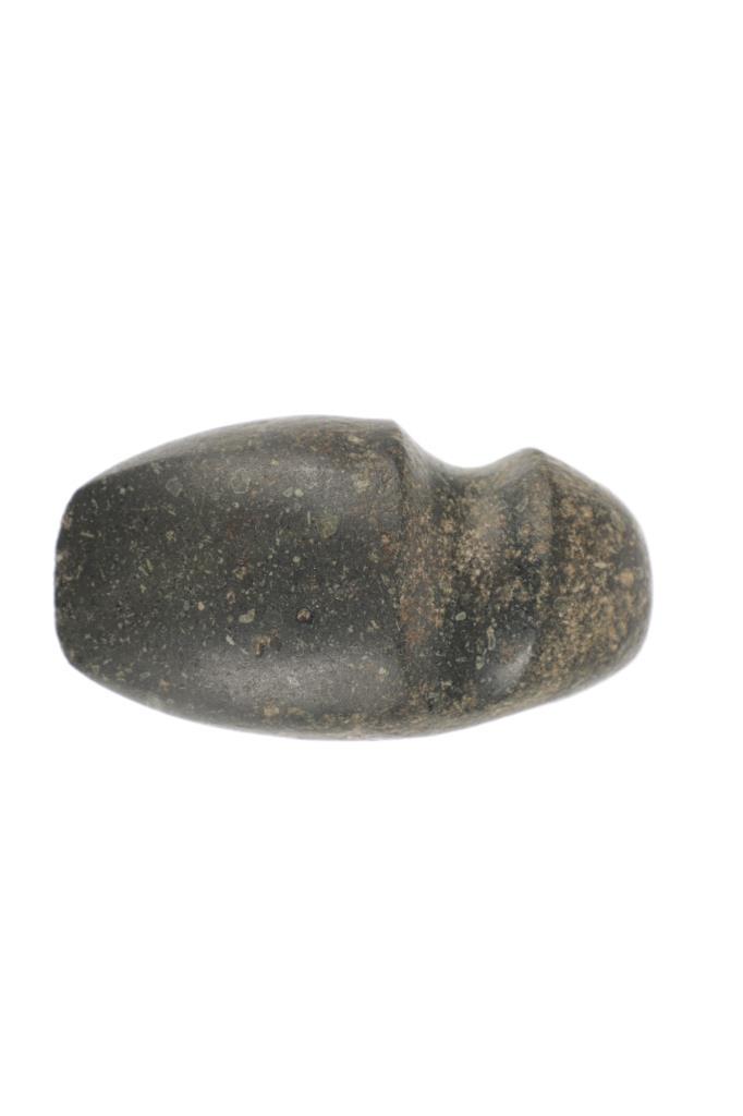 3/4 Groove Native American Indian Stone Axe Head: Featured in this lot is a late archaic period, ca. 5000 to 3000 BCE, 3/4 Groove Native American Indian Granite Stone Axe Head. The axe head shows a semi-polished, predominantly black and speckled hard