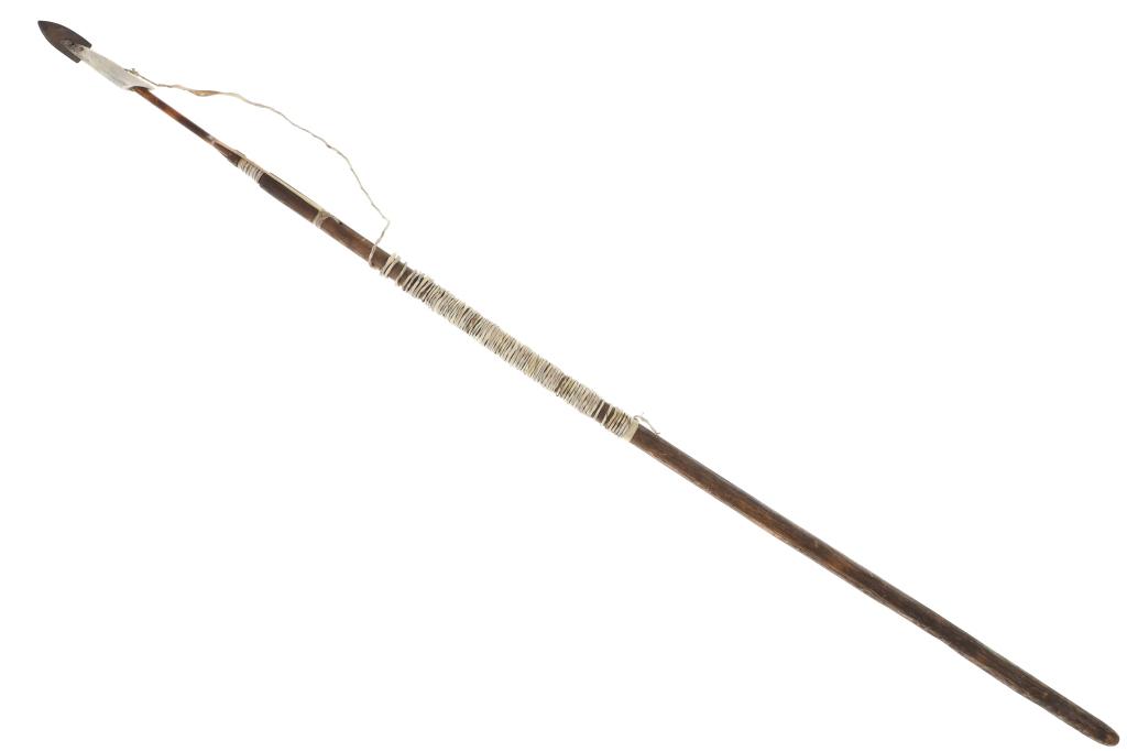 Inuit Eskimo Hunting/Fishing Harpoon Spear: Featured in this lot is an Inuit Eskimo hunting/fishing harpoon spear. The spear features a wonderfully and professionally crafted wooden, Parfleche hide, tusk, and iron construction that shows a long