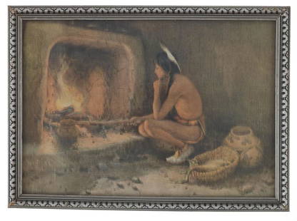 E. Irving Couse "Roasting Corn", Chromolitho 1930s: Featured in this lot is a chromolithograph of the E. Irving Couse 1904 painting, "Roasting Corn", ca. 1930s, artist's signature noted at the bottom left corner. Eanger Irving Couse (1866 – 1936) was