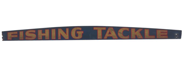 Late 1900s Bait & Tackle Sign "Fishing Tackle": For your consideration is this bait and tackle store sign advertising fishing tackle circa late 1900s. The sign would have hung in a bait and tackle shop advertising that they sold fishing tackle. The