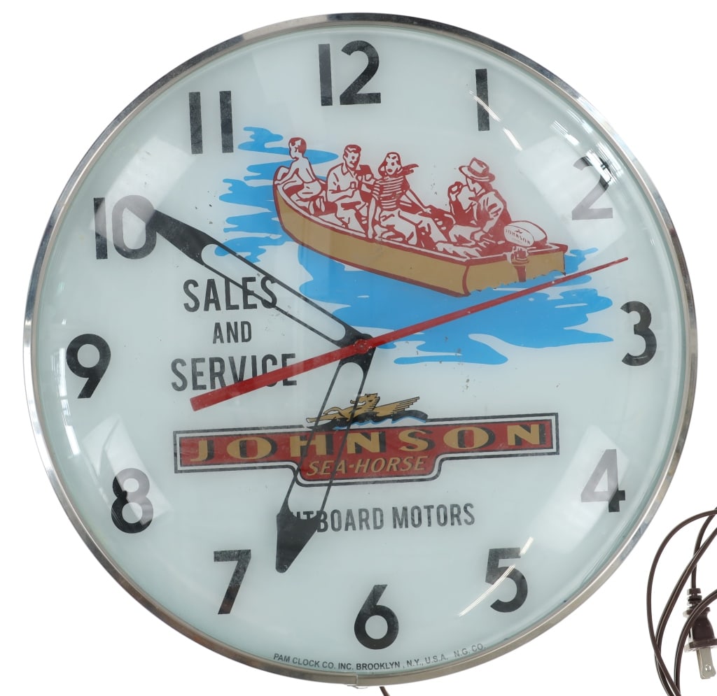 Johnson Sea-Horse Outboard Motors Light Up Clock: Featured in this lot is this Johnson Sea-Horse Outboard Motors light up clock. The light up clock is wonderfully and professionally crafted construction that shows a brown power cord and a shows a win