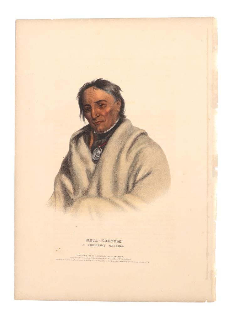 McKenney & Hall Meta-Koosega Colored Lithograph: Featured in this lot is this colored lithograph of Meta-Koosega originally from McKenney & Hall later published by E.C. Biddle in 1837 was entered into the Library of Congress. The artwork is wonderfu