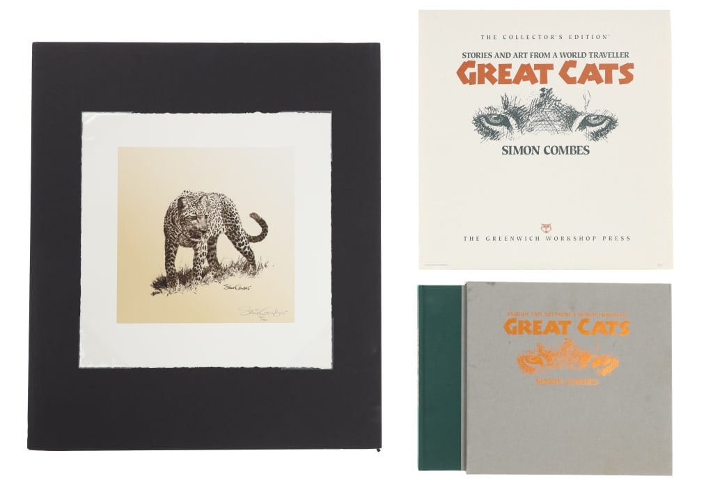 Simon Combes (1940-2004) "Prowler" & Great Cats: Featured in this lot is this artwork on professional watercolor paper called "Prowler," and the book called "Stories and Art from a World Traveler; Great Cats," by Simon Combes born in 1940 and died i