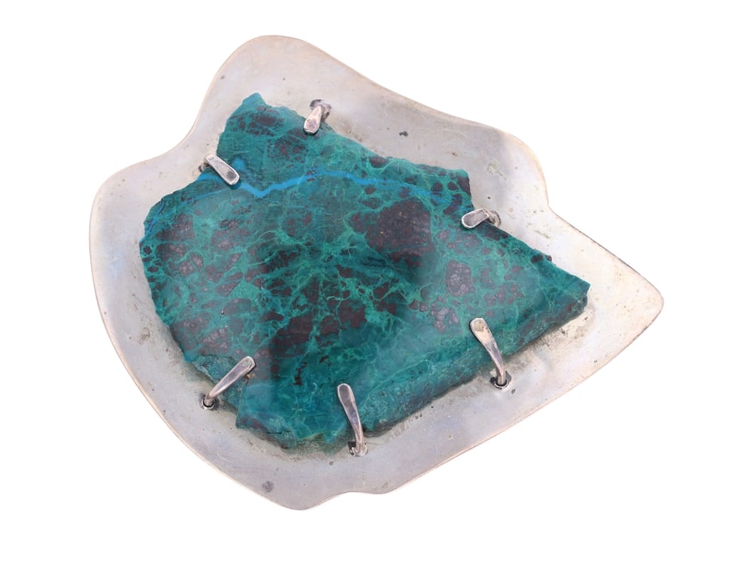 M. Stegm Chyrsocolla Sterling Belt Buckle: The lot features a fantastic late-vintage southwestern M. Stegm Chrysocolla belt buckle in sterling silver. The piece is hand signed, "M. Stegm ? Sterling & Chrysocolla". The belt buckle has a beautif