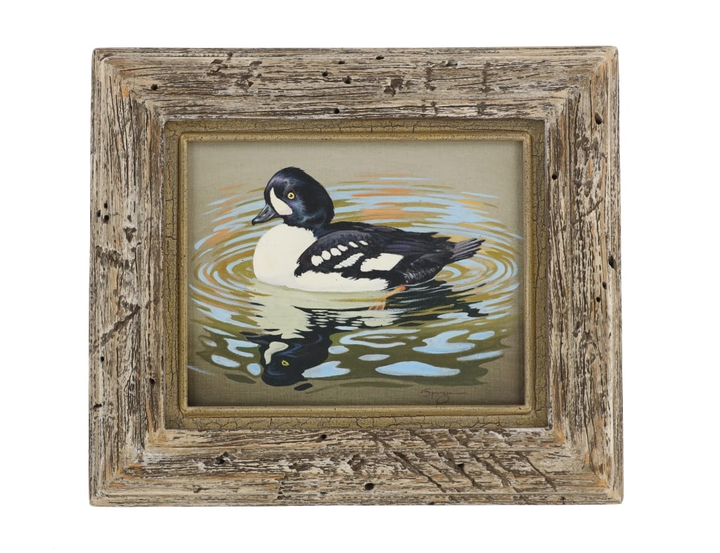 Montana Elmer Sprunger 1919-2007 Barrows Goldeneye: Featured in this lot is this Montana Elmer Sprunger born in 1919 and died in 2007 of a Barrow Goldeneye Duck painting. Elmer Sprunger (1919-2007) was a Montana artist known for his depictions of wild 