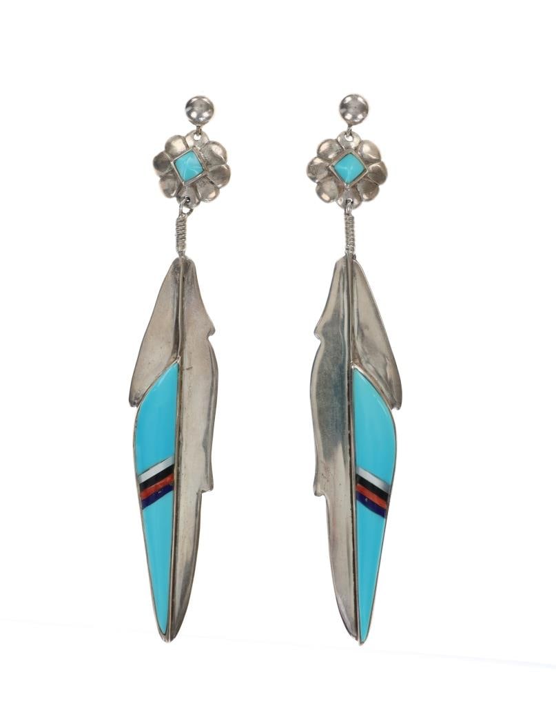 Navajo Charlie Ray Silver Inlaid Feather Earrings (1 of 10)