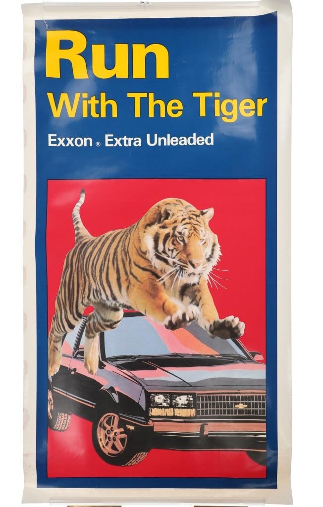 Exxon "Run With The Tiger" Gasoline Ad c. 1985-90s: For your consideration is this Exxon, extra unleaded gas hanging advertisement circa 1985-1990s. Jersey Standard became Exxon Corporation in 1972 and in 1999 joined with Mobil Oil Corporation, formerl