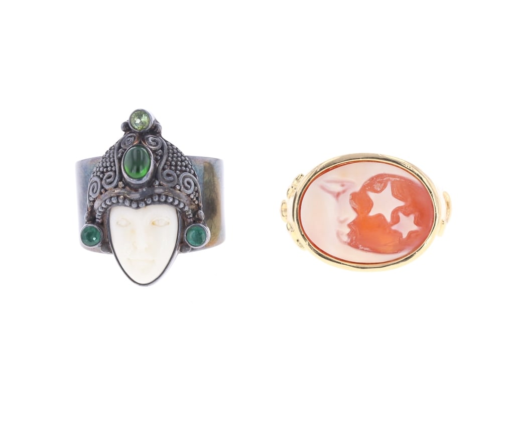 Sajen Emerald & Citrine Cameo Ring Collection: Featured in this lot is this Sajen emerald and citrine cameo ring collection. There are two rings in this collection. The rings are wonderfully and professionally crafted steel, emerald, citrine, bras