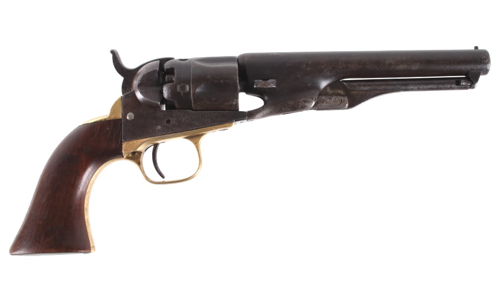 Colt Model 1862 .36 Cal Police Pocket Revolver: Included in this lot is a Colt five-shot .36 caliber percussion Model 1862 Police Revolver. This revolver displays 5 1/2" long round barrel, walnut grips, brass back strap and trigger guard, five shot
