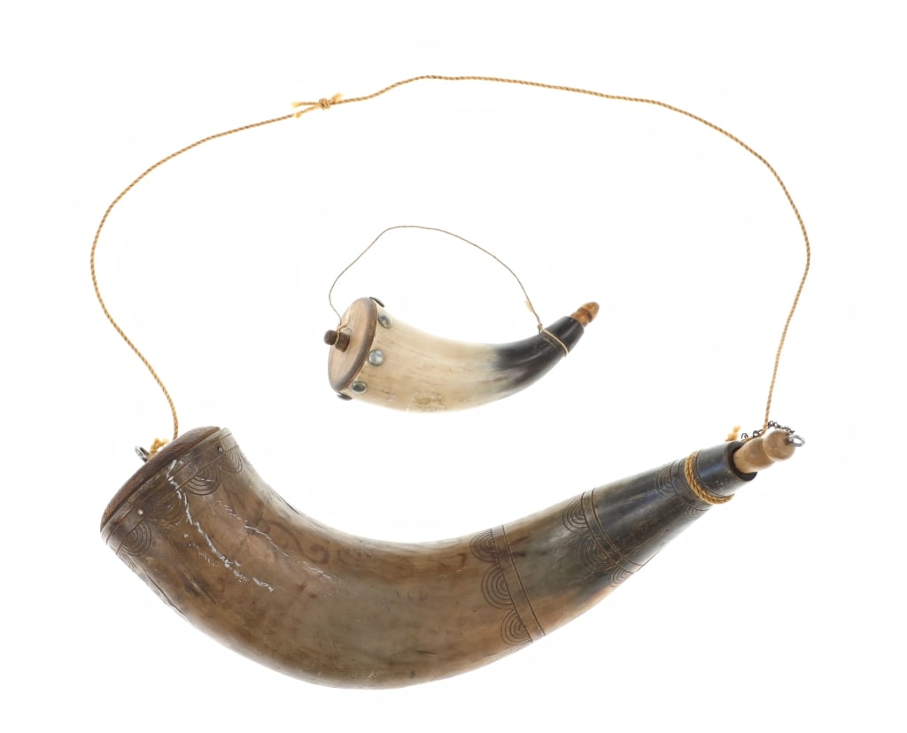 Steer Horn Powder Flask Collection c. 1860-70s: For your consideration are two Civil War era steer horn powder flasks circa 1860-70s. There are two flasks in this collection with the first showing a darker color and simple geometric engravings thro