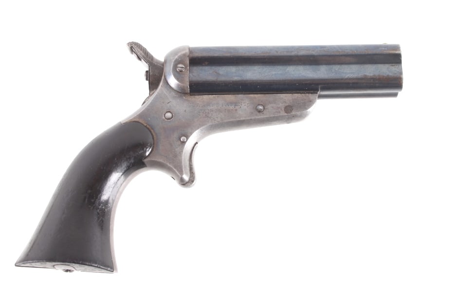 Sharps & Hankins Model 3 .32 Cal 4 Shot Derringer: Featured in this lot we have a Sharps & Hankins model 3 four shot derringer pistol chambered in .32 caliber. This derringer displays 3 1/2" long 4 barrel block, hard wood grips, spur trigger, and rota