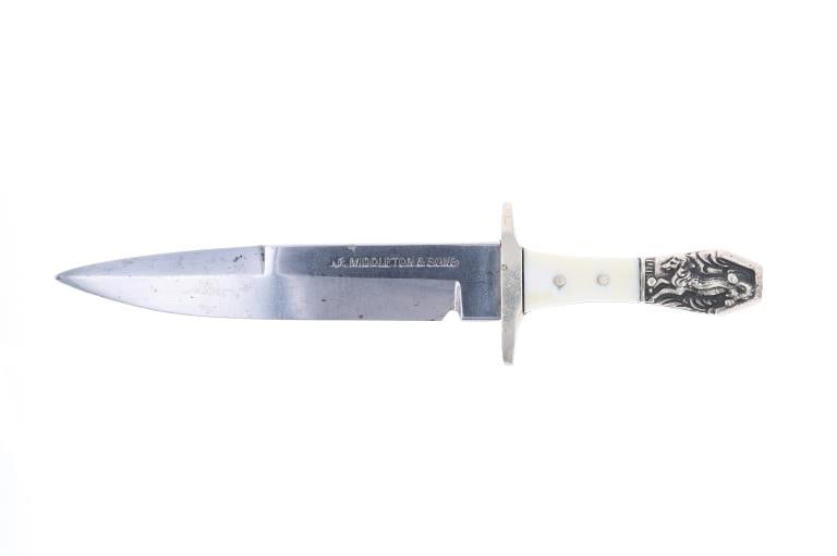 JE Middleton&Sons Half Horse, Half Alligator Knife: Featured in this lot is this J.E. Middleton & Sons Bowie Knife miniature pattern with "Half Horse, Half Alligator" pommel. The half-horse, half-alligator knife pommel is a type of American folk symbol