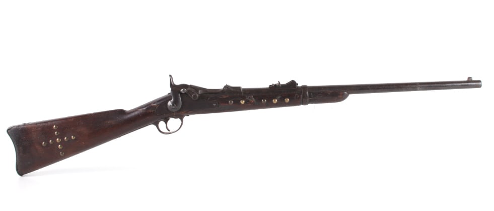 Oglala Sioux Tacked Springfield SRC Indian Police: The lot features an Oglala Sioux tacked Springfield 1873 Trapdoor Saddle Ring Carbine from Indian Scout Lone Bear from Lieutenant Charles W. Taylor?s U.S. 9th Cavalry. This is a Springfield Model 1873