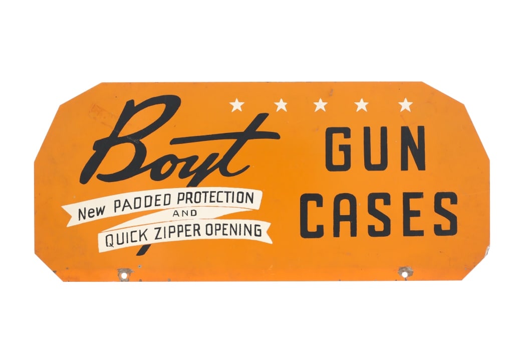 Boyt Gun Cases Metal Advertisement Sign Mid 1900s: Featured in this lot is this mid 1900s Boyt Gun Cases metal sign. The Boyt Harness Company, which is renowned as the hunting industry's standard for rifle cases, began producing firearm accessories du