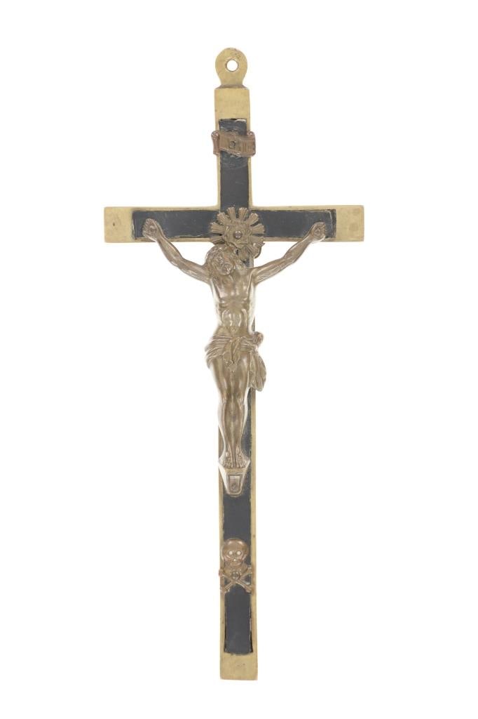 Brass INRI Catholic Church Cross c. Mid 1900s: Featured in this lot is this brass INRI marked Catholic Church cross circa mid 1900s. The cross shows the crucifixion of Jesus and shows a tag at the top reading, "INRI". The letters INRI are initials