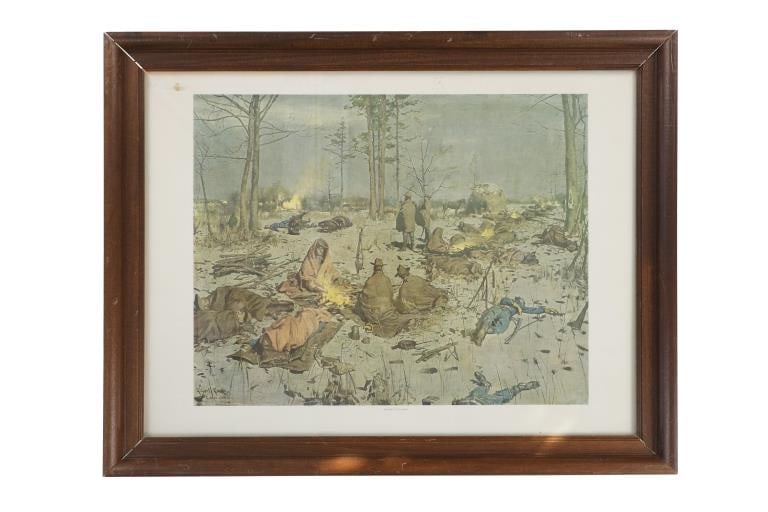 Gilbert Gaul, "Waiting For The Dawn", Lithograph: Presented in this lot is an Original Gilbert Gaul, "Waiting For The Dawn", Lithograph, 1907, Southern Art Publishing Company. Confederate soldiers are seen wrapped in blankets, some alseep on the grou